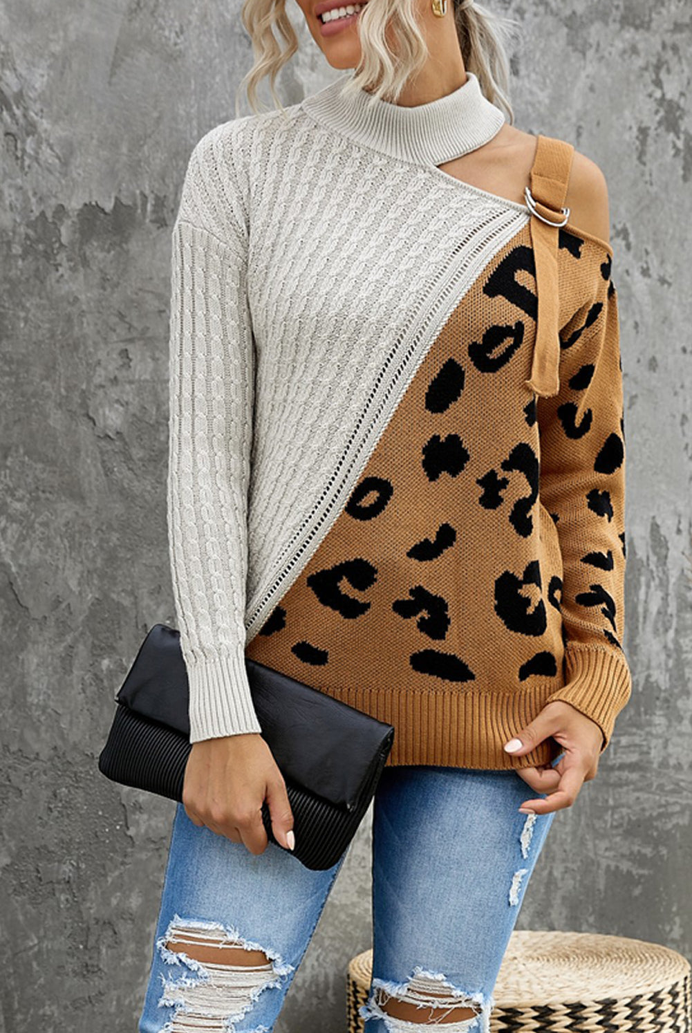 Light Slate Gray Leopard Color Block Turtleneck Sweater Shirts & Tops
