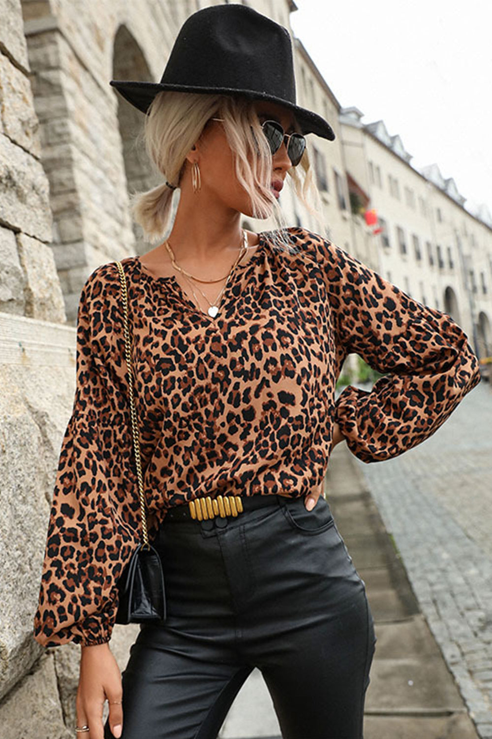 Dark Gray Leopard Lantern Sleeve Blouse Trends