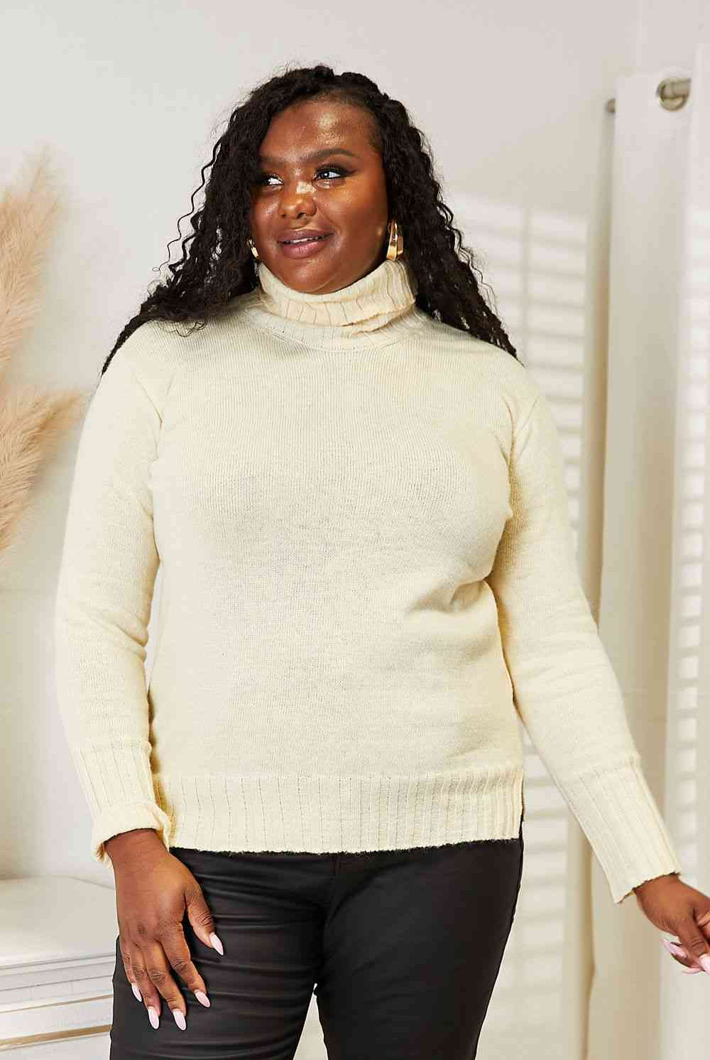 Light Gray Heimish Full Size Long Sleeve Turtleneck Sweater with Side Slit Work Attire