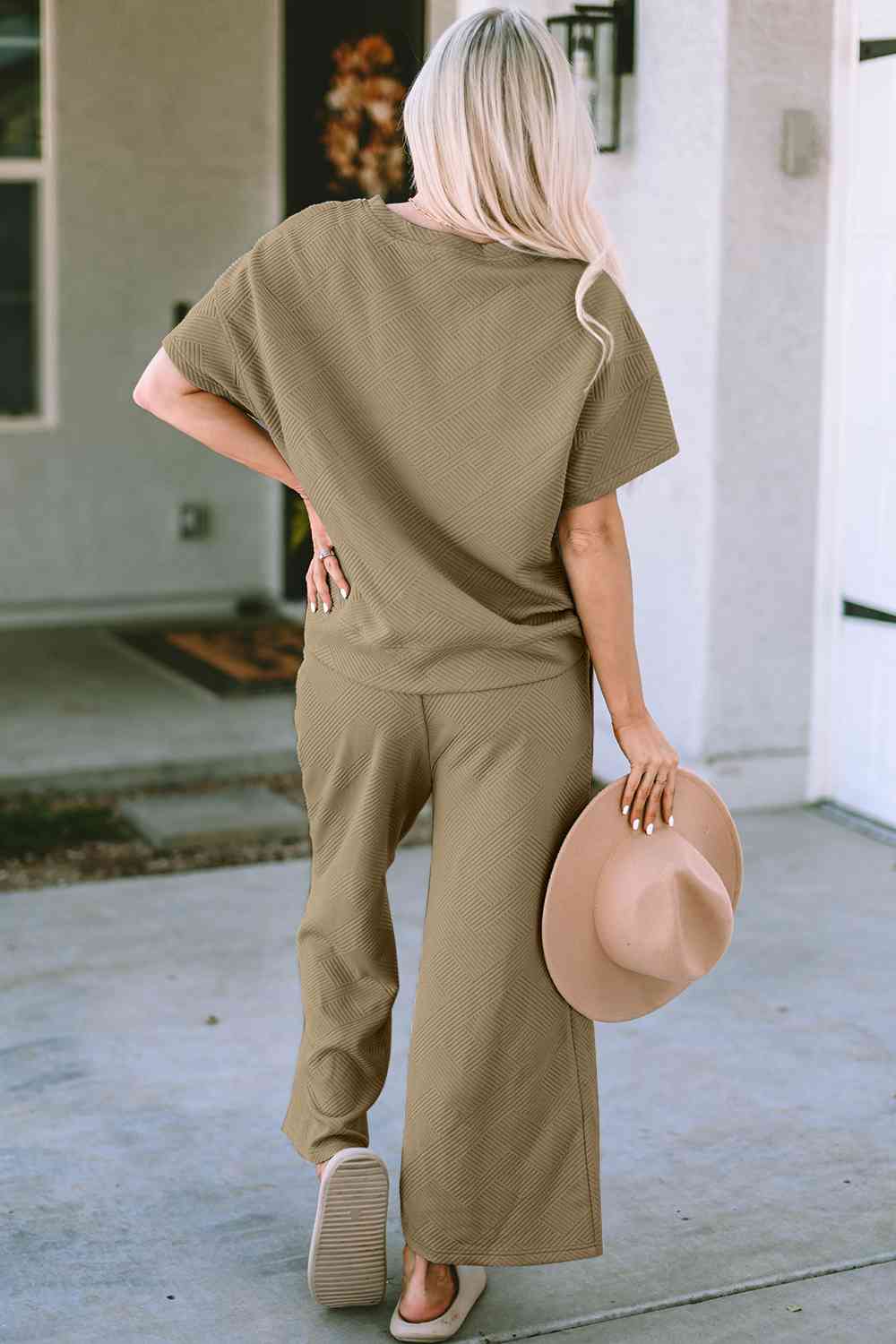 Light Slate Gray Incredible Textured Short Sleeve Top and Pants Set Loungewear