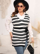 Dark Slate Gray Plus Size Striped Colared Neck Tied Front Sweater Vest Plus Size Clothes