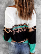 Gray Feeling The Sunshine Leopard Color Block V-Neck Rib-Knit Sweater Sweaters
