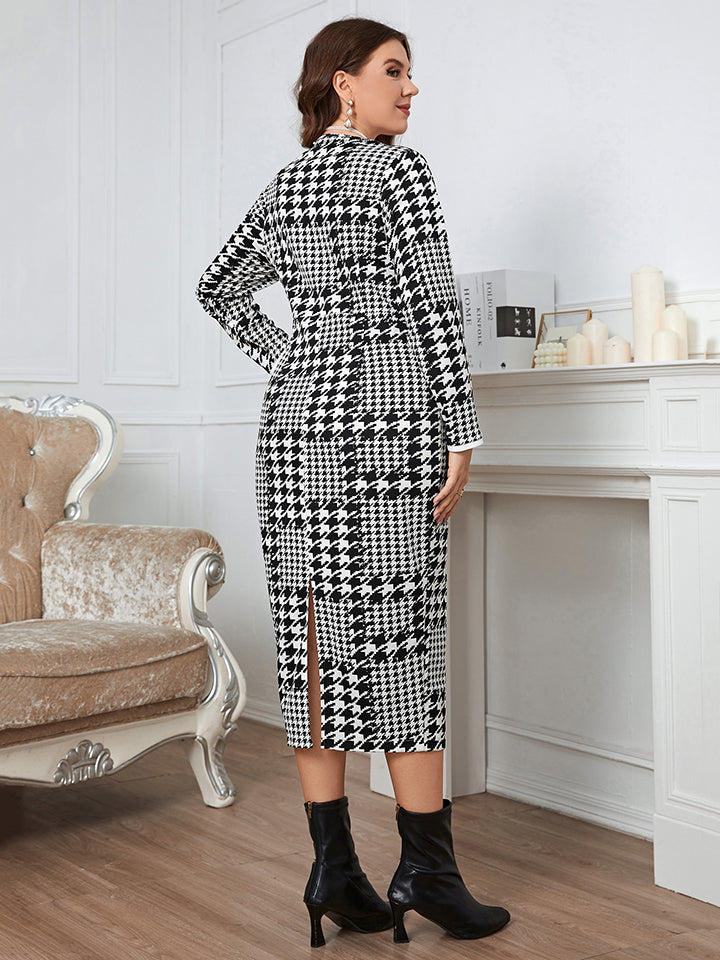 Gray Plus Size Houndstooth Button-Down Long Sleeve Dress Clothing