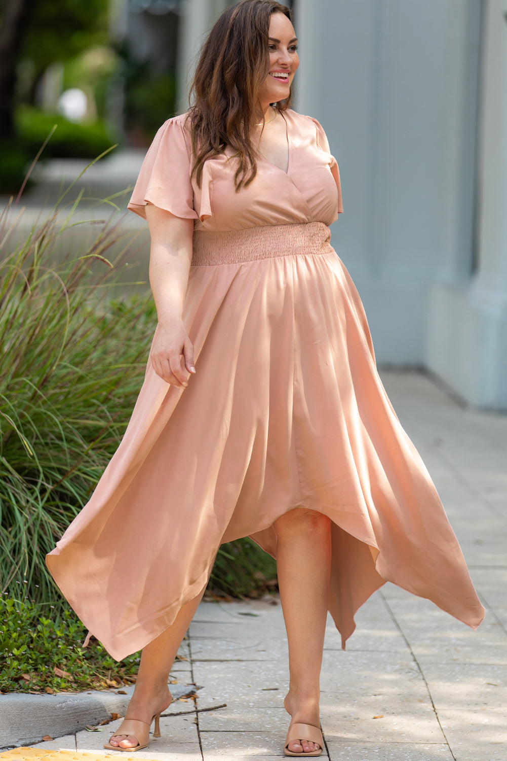 Rosy Brown Plus Size Wide Waistband Surplice Neck Flutter Sleeve Midi Dress Clothing