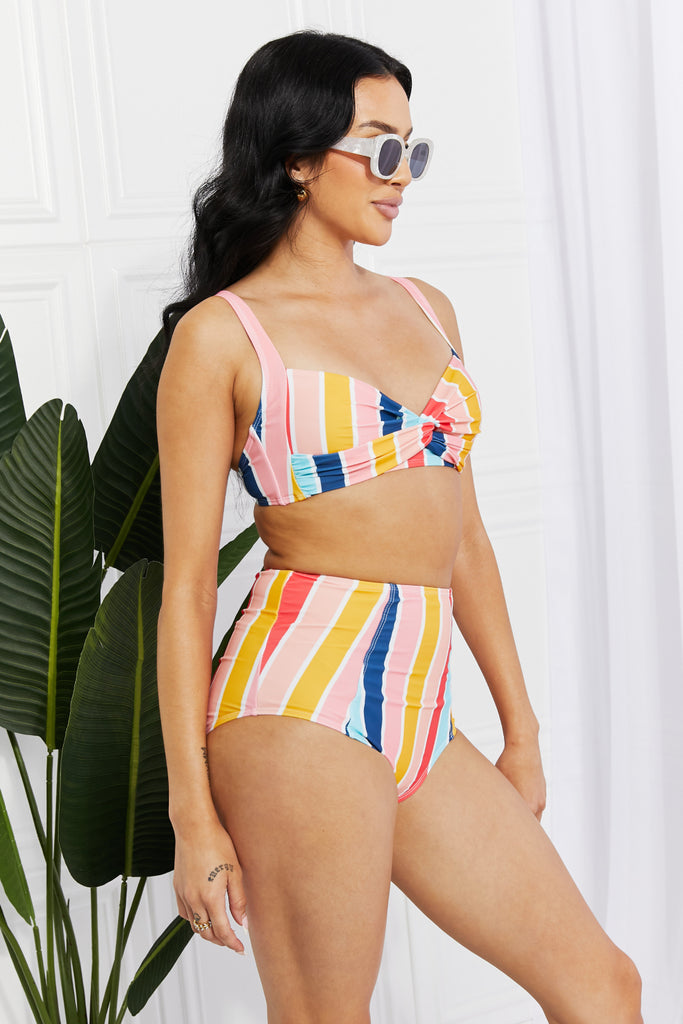 Light Gray Marina West Swim Take A Dip Twist High-Rise Bikini in Stripe Swimwear