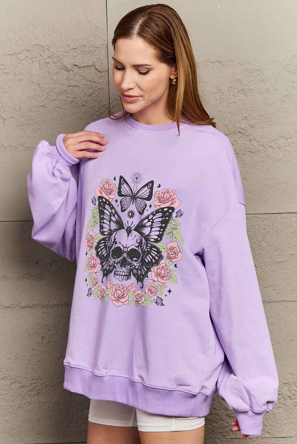 Gray Simply Love Simply Love Full Size Skull Butterfly Graphic Sweatshirt Sweatshirts