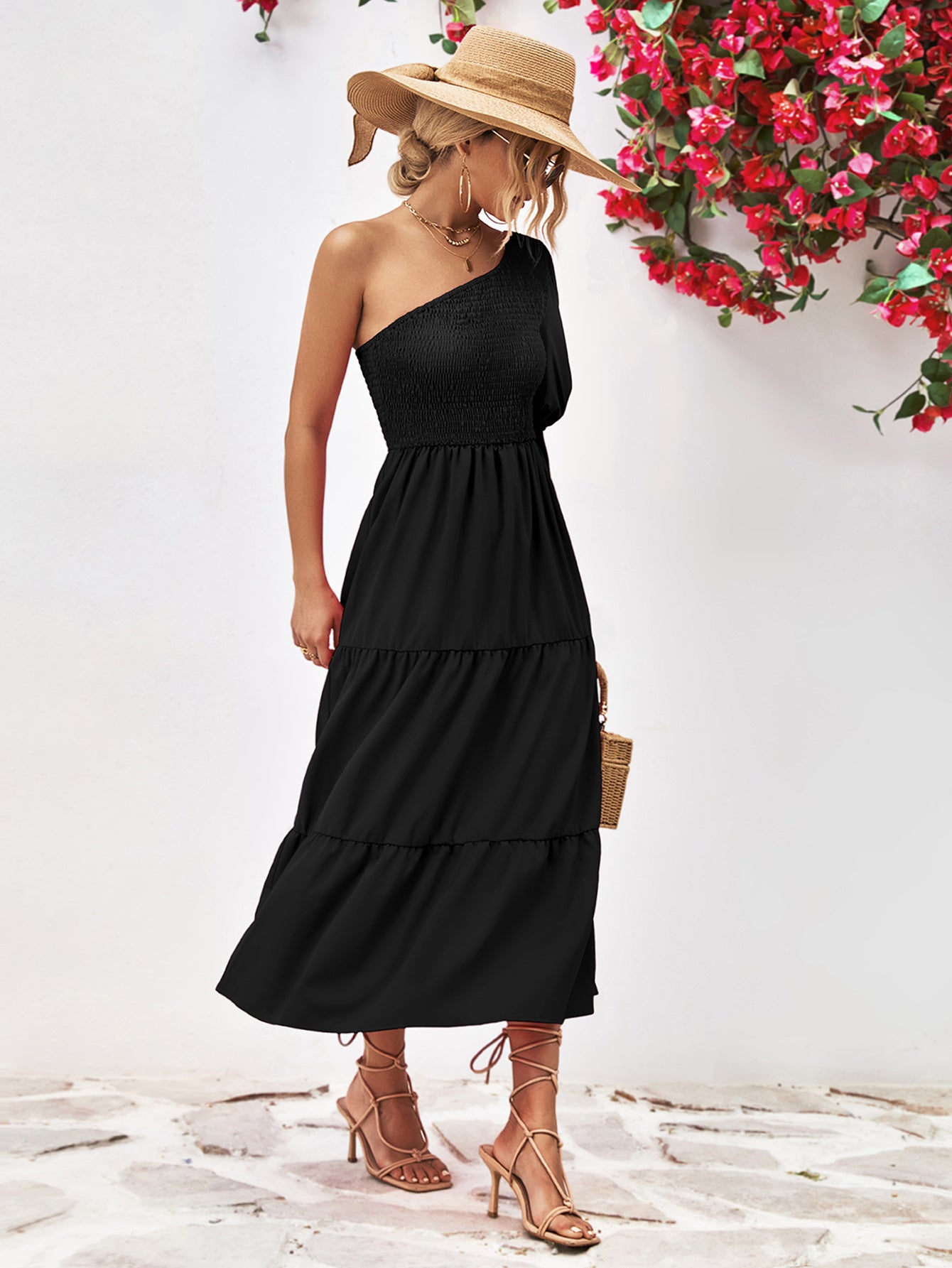 Black Smocked One-Shoulder Midi Dress Clothes