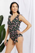 Light Gray Marina West Swim Full Size Float On Ruffle Faux Wrap One-Piece in Floral Swimwear