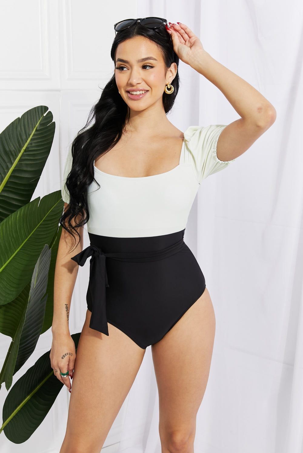 Black Marina West Swim Salty Air Puff Sleeve One-Piece in Cream/Black Swimwear