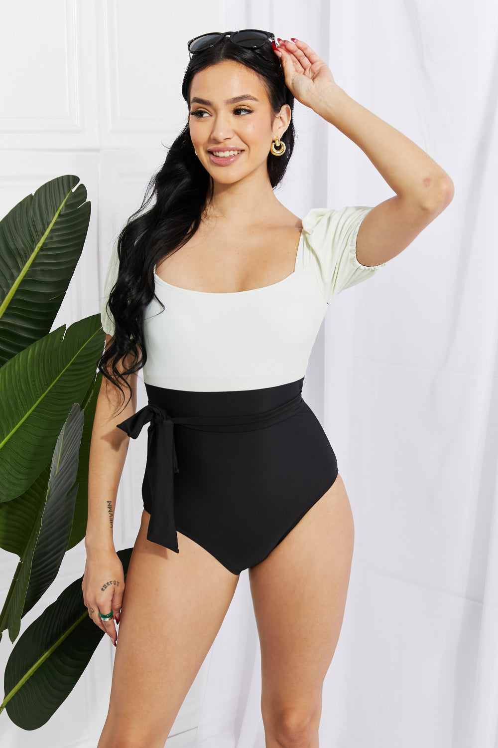 Black Marina West Swim Salty Air Puff Sleeve One-Piece in Cream/Black Swimwear