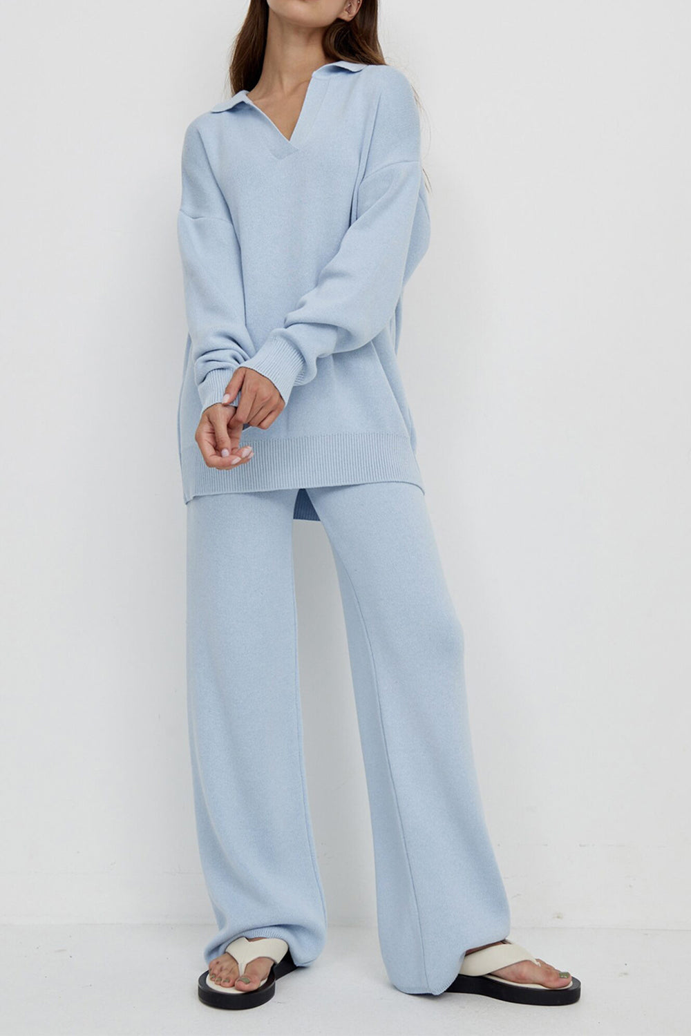 Light Gray Soulful Dropped Shoulder Sweater and Long Pants Set Set