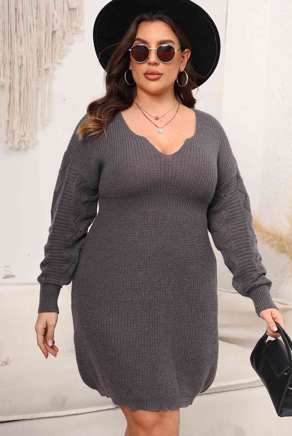 Dark Slate Gray Plus Size Dropped Shoulder Long Sleeve Knit Mini Dress Plus Size Clothes