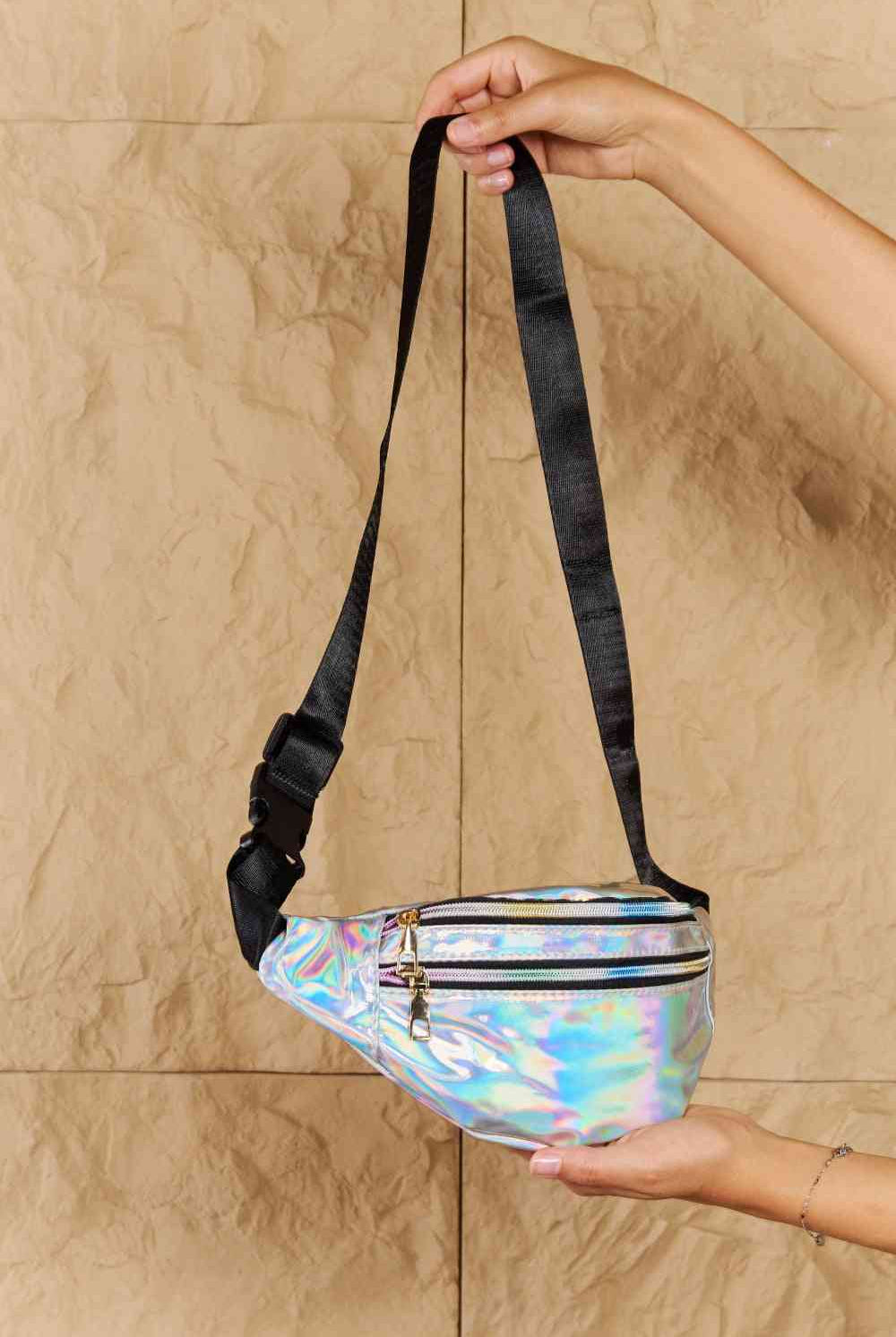 Dark Khaki Fame Good Vibrations Holographic Double Zipper Fanny Pack in Silver Clothing