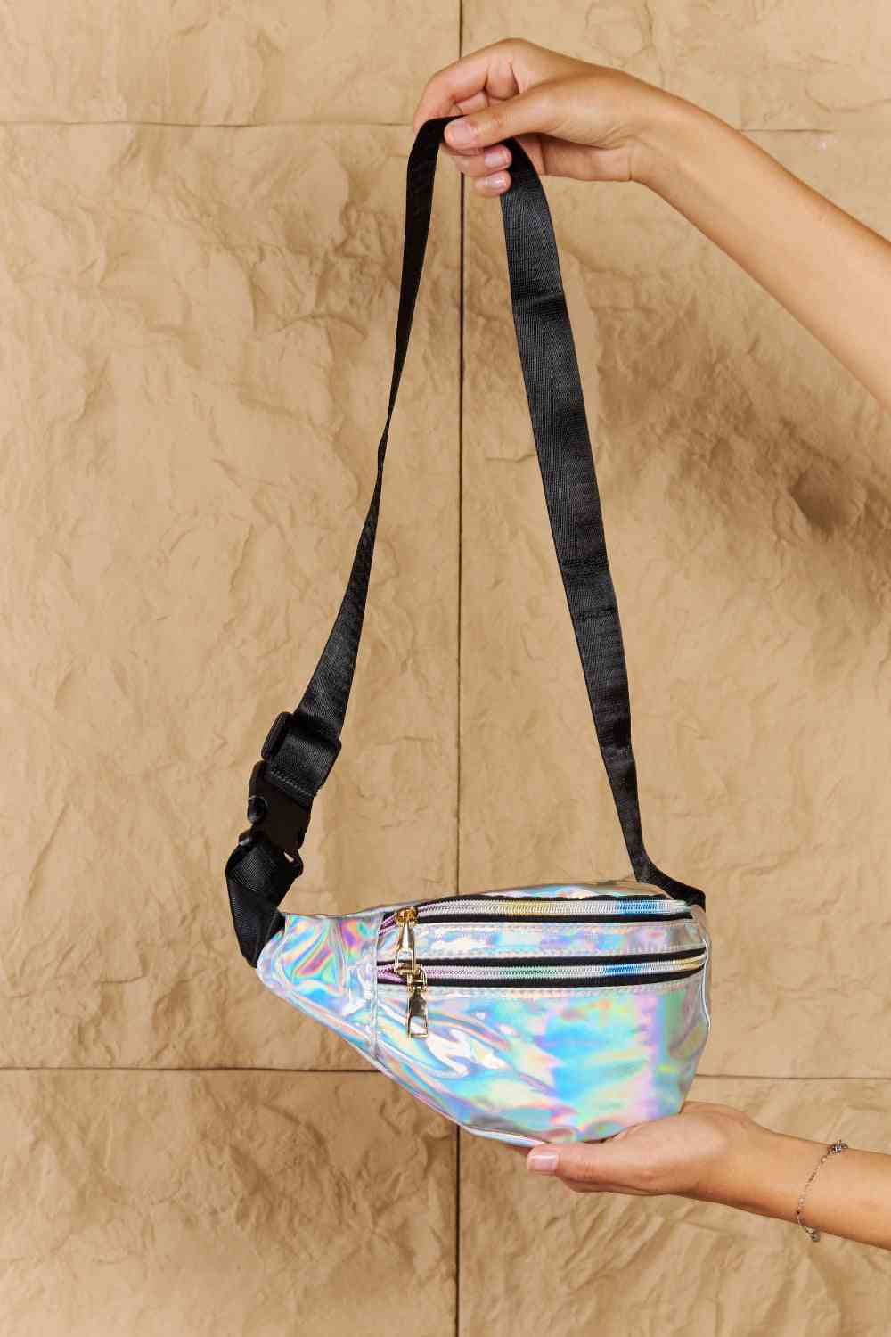 Dark Khaki Fame Good Vibrations Holographic Double Zipper Fanny Pack in Silver Clothing