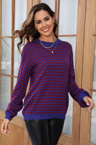 Dim Gray Striped Round Neck Dropped Shoulder Sweater Capsule