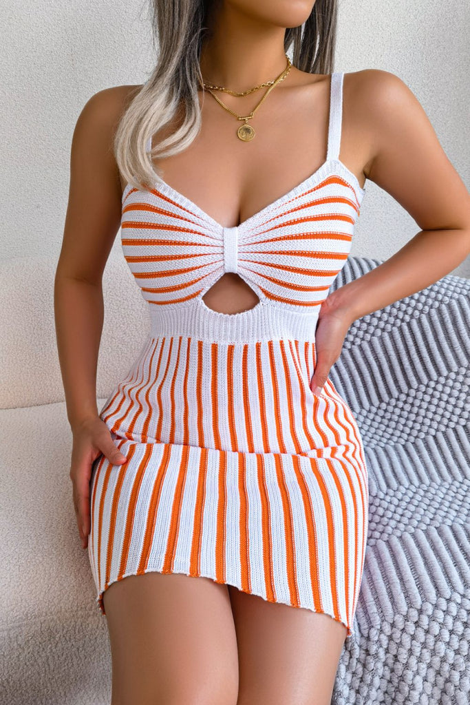 Gray Striped Cutout Spaghetti Strap Knit Dress Clothes