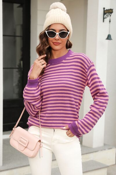 Light Gray Striped Round Neck Dropped Shoulder Sweater Capsule