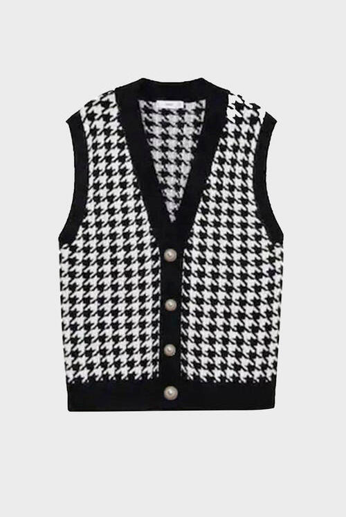 Black Houndstooth Button Front Sweater Vest Winter Accessories