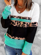 Dark Slate Gray Feeling The Sunshine Leopard Color Block V-Neck Rib-Knit Sweater Sweaters