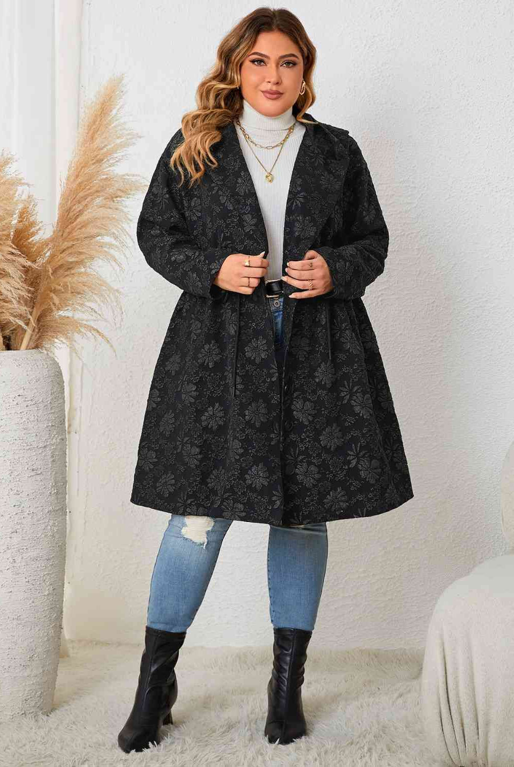 Gray Plus Size Long Sleeve Hooded Black Floral Trench Coat Plus Size Jackets & Coats