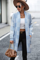 Gray Plaid Dropped Shoulder Cardigan with Pocket