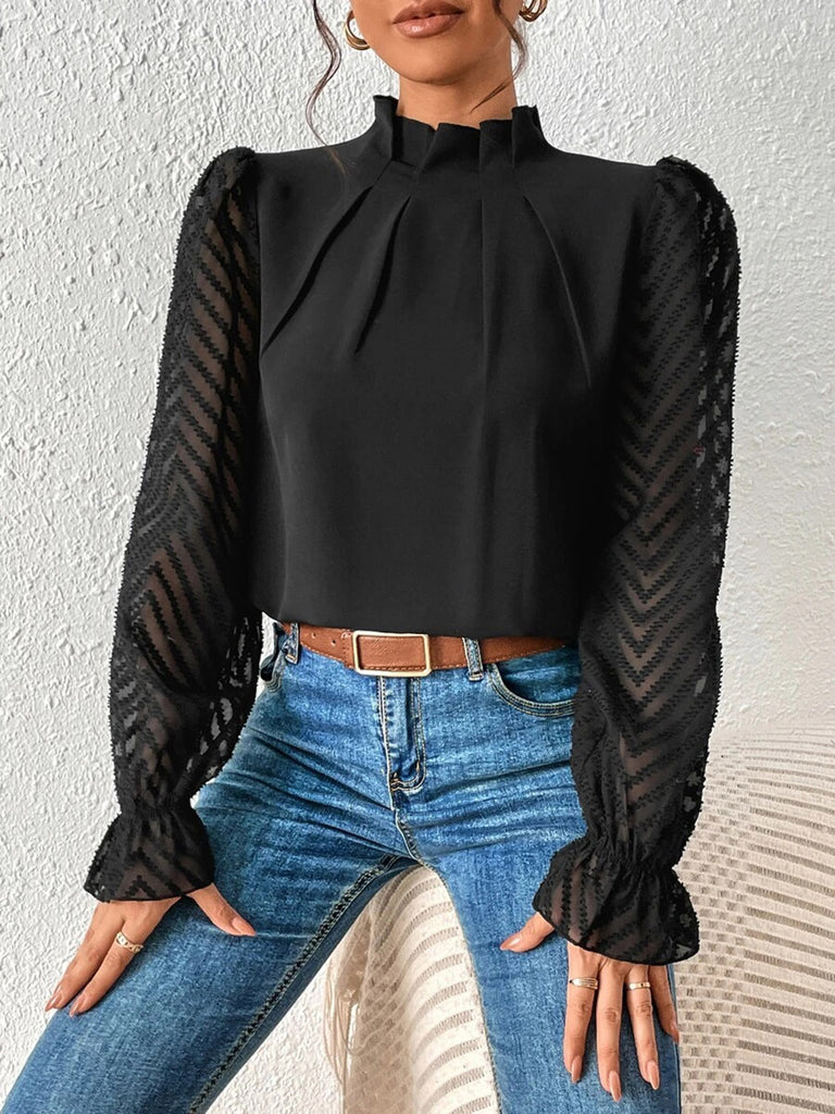 Dark Slate Gray Mock Neck Flounce Sleeve Blouse Clothing