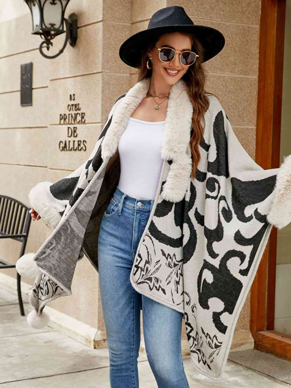 Gray Faux Fur Trim Poncho Clothes