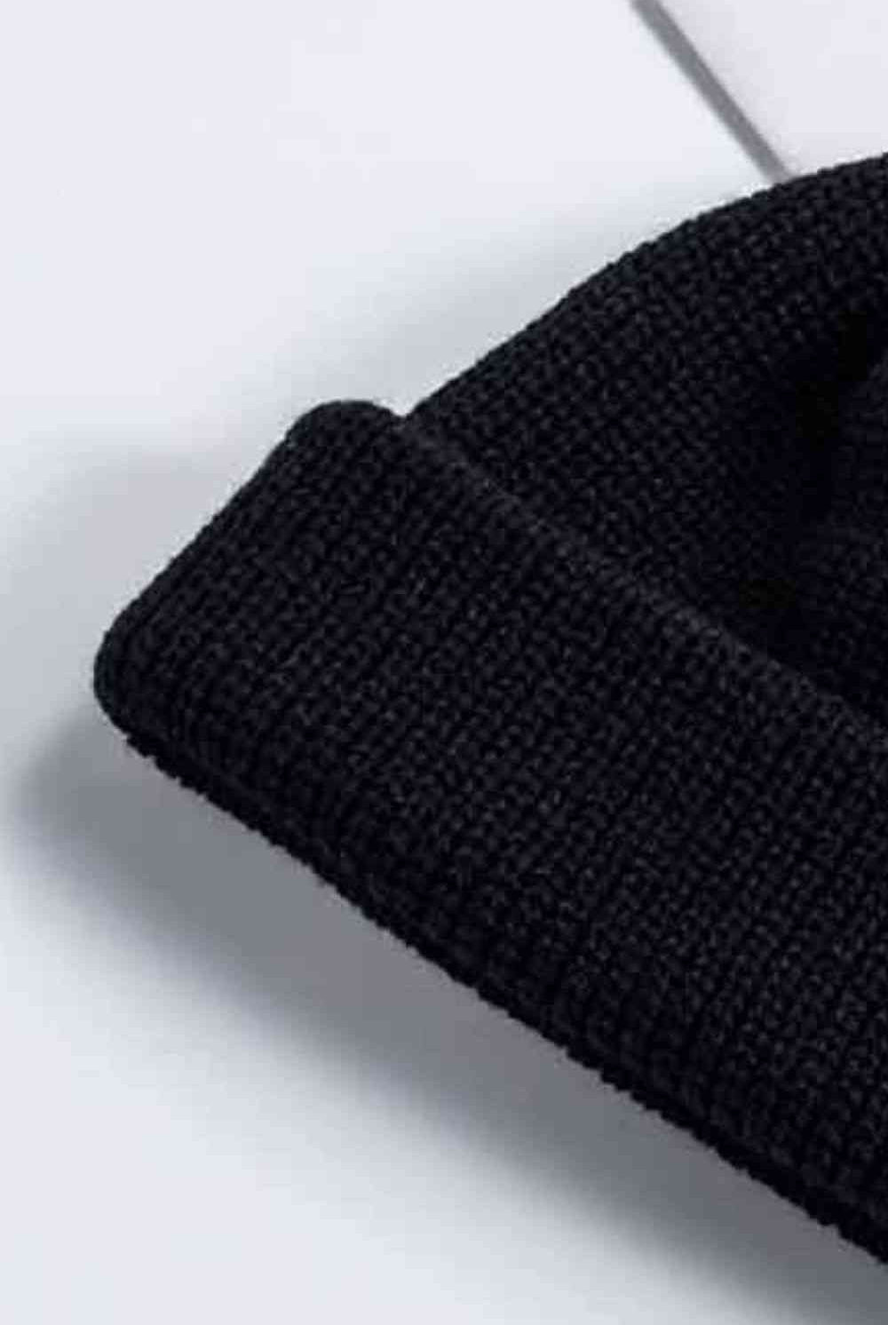 Black Cozy Rib-Knit Cuff Beanie Winter Accessories