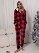Gray Plaid Zip Front Long Sleeve Hooded Lounge Jumpsuit Gifts