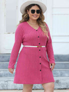 Light Gray Plus Size Ribbed Buttoned V-Neck Long Sleeve Dress Holiday