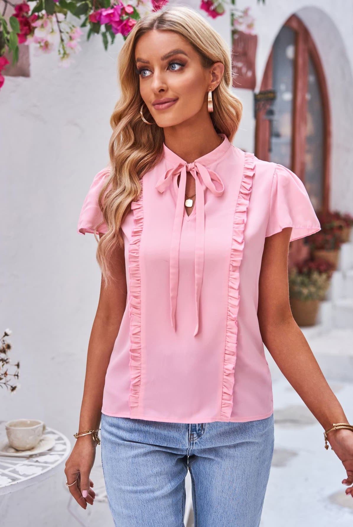 Thistle You Look Pretty Tie Neck Frill Trim Puff Sleeve Top Shirts & Tops