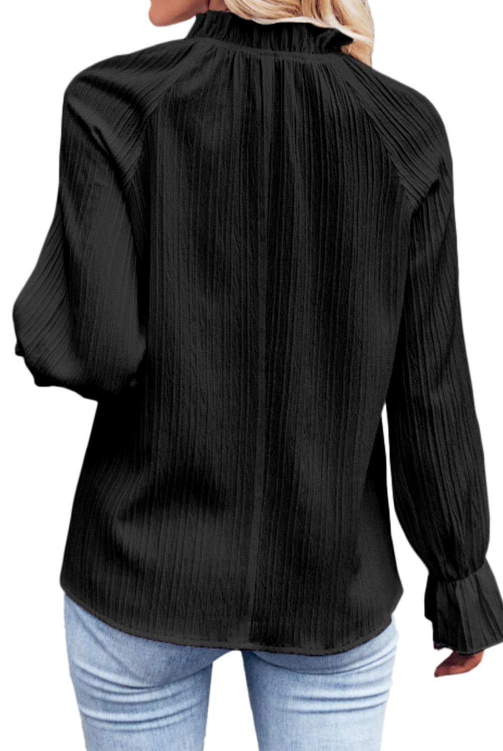 Black Ribbed Flounce Sleeve Blouse Clothing