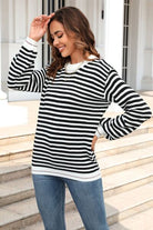 Dark Slate Gray Striped Round Neck Dropped Shoulder Sweater Capsule