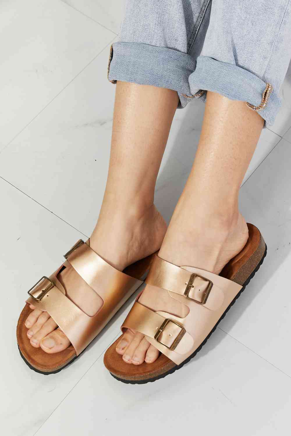 Light Gray MMShoes Best Life Double-Banded Slide Sandal in Gold Shoes