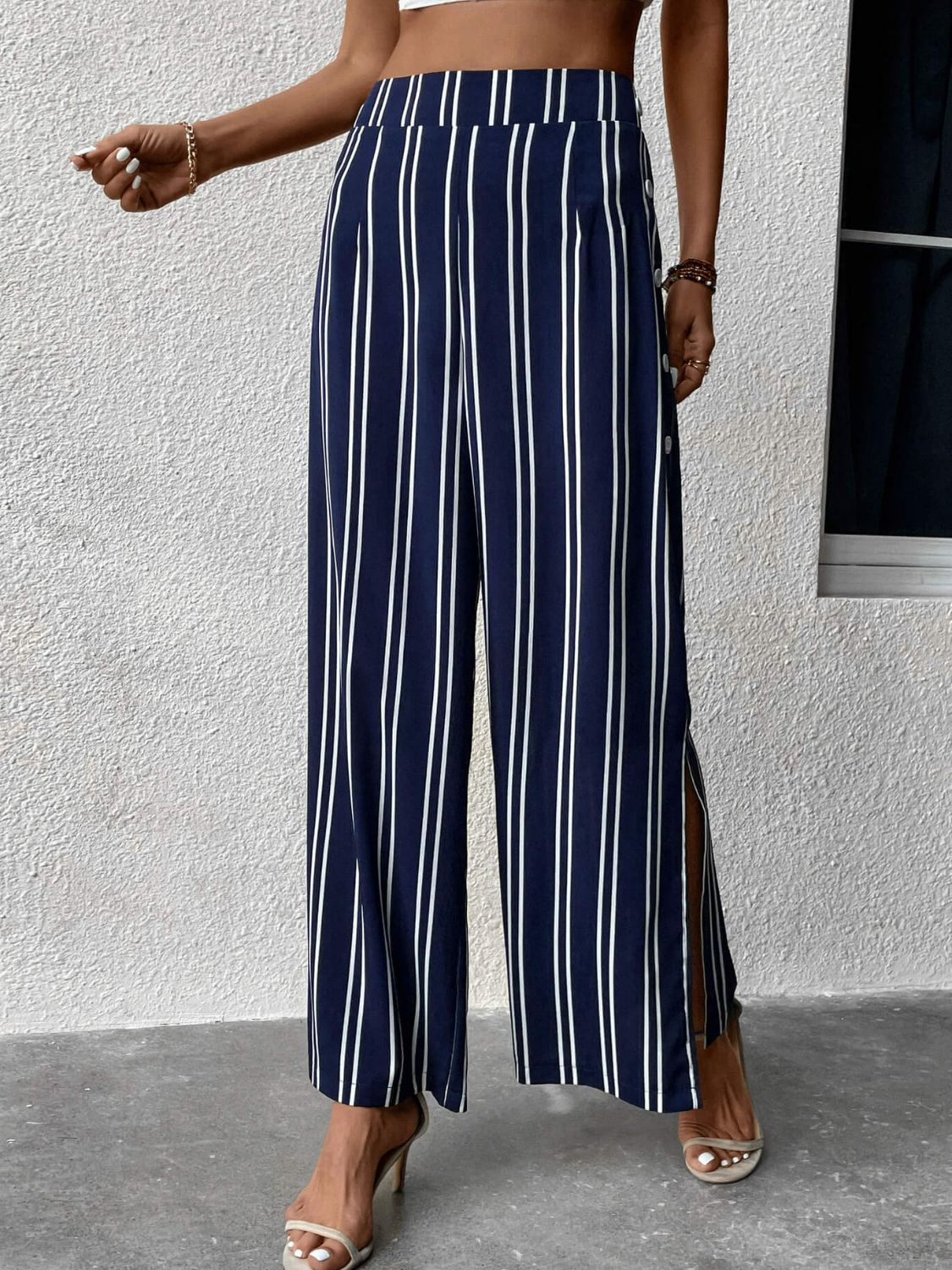 Gray Striped Slit Wide Leg Pants Clothes