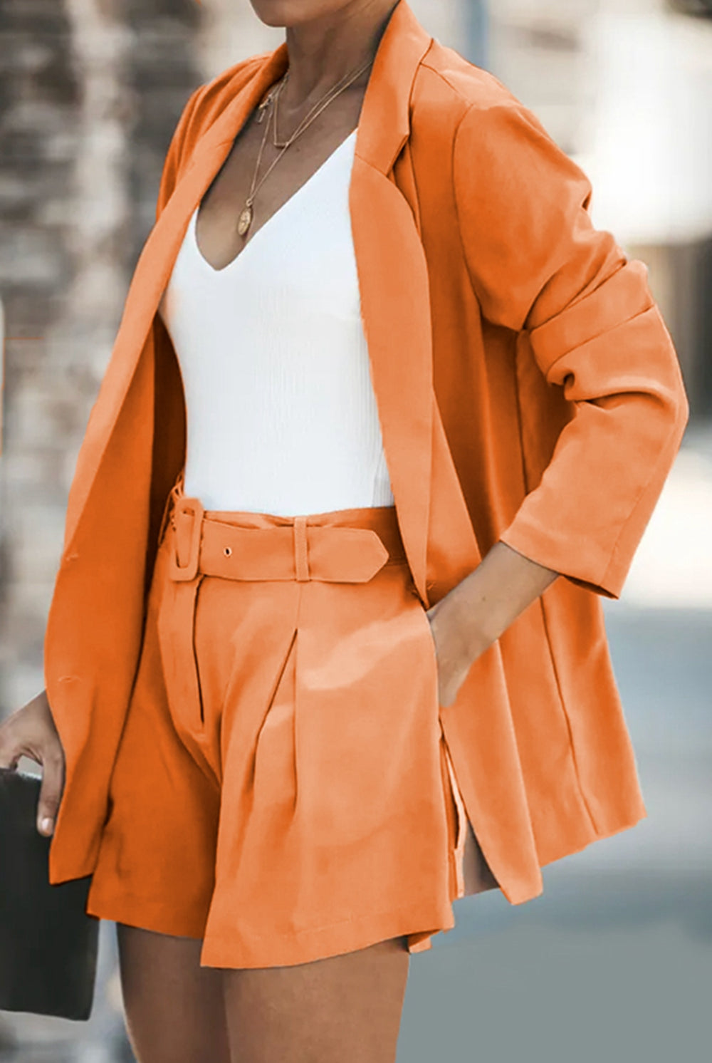 Rosy Brown Longline Blazer and Shorts Set with Pockets Outfit Sets