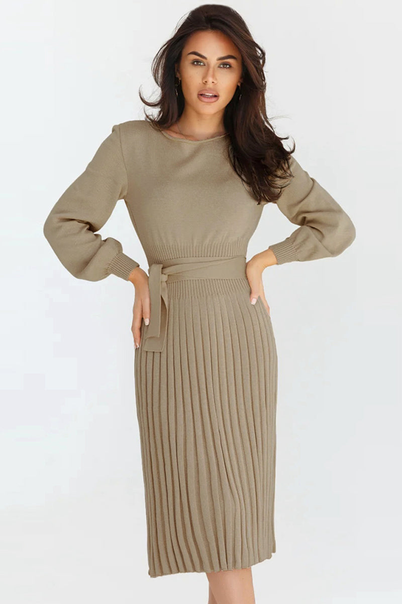 Light Gray Round Neck Long Sleeve Pleated Sweater Dress Clothing