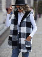 Dark Gray Plaid Hooded Vest with Pockets Winter Accessories