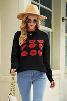 Tan Contrast Lip Pattern Round Neck Slit Sweater Clothing