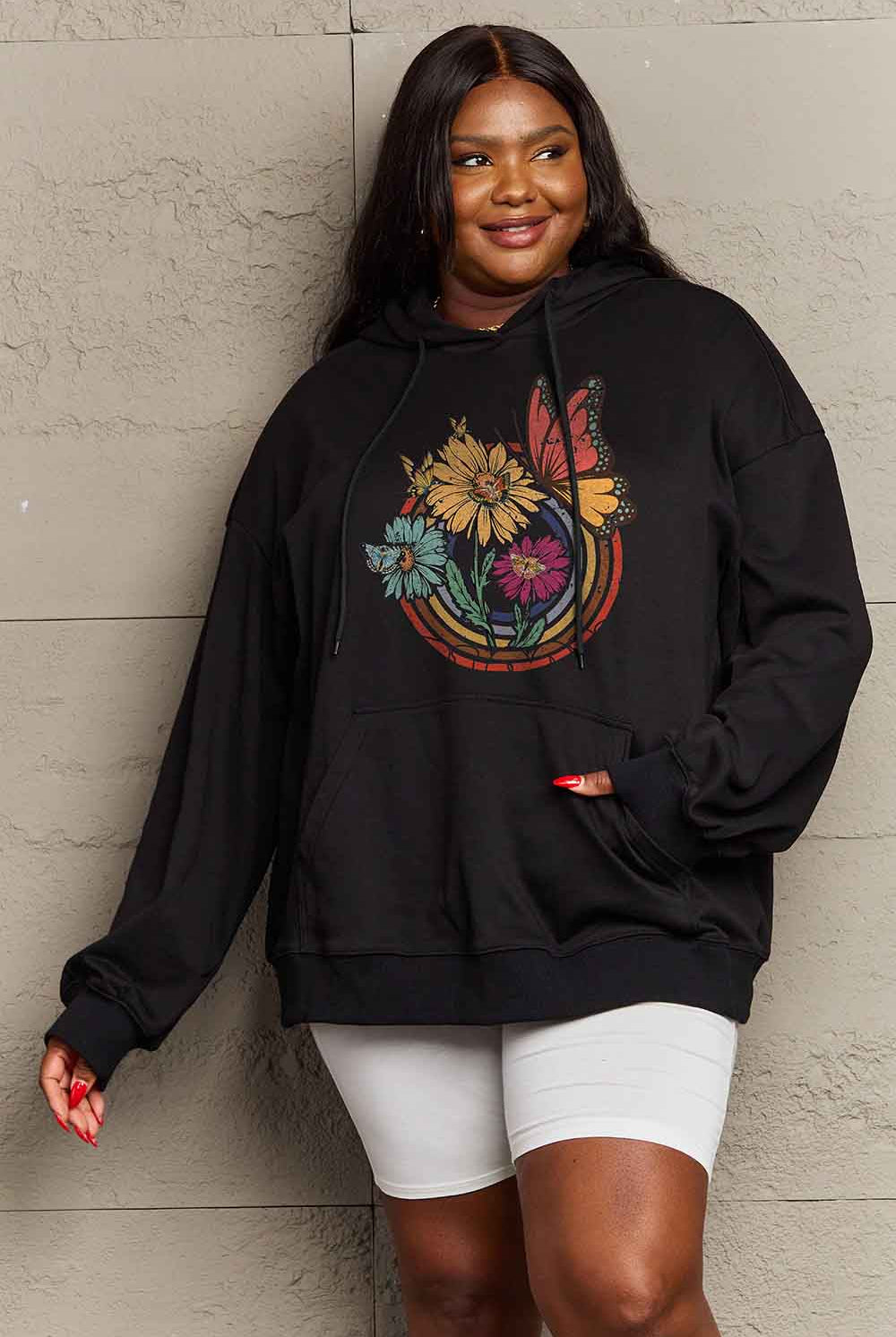 Dark Gray Simply Love Simply Love Full Size Butterfly and Flower Graphic Hoodie Sweatshirts
