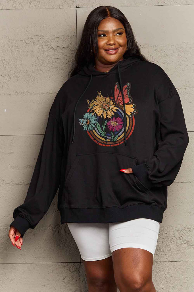 Dark Gray Simply Love Simply Love Full Size Butterfly and Flower Graphic Hoodie Sweatshirts