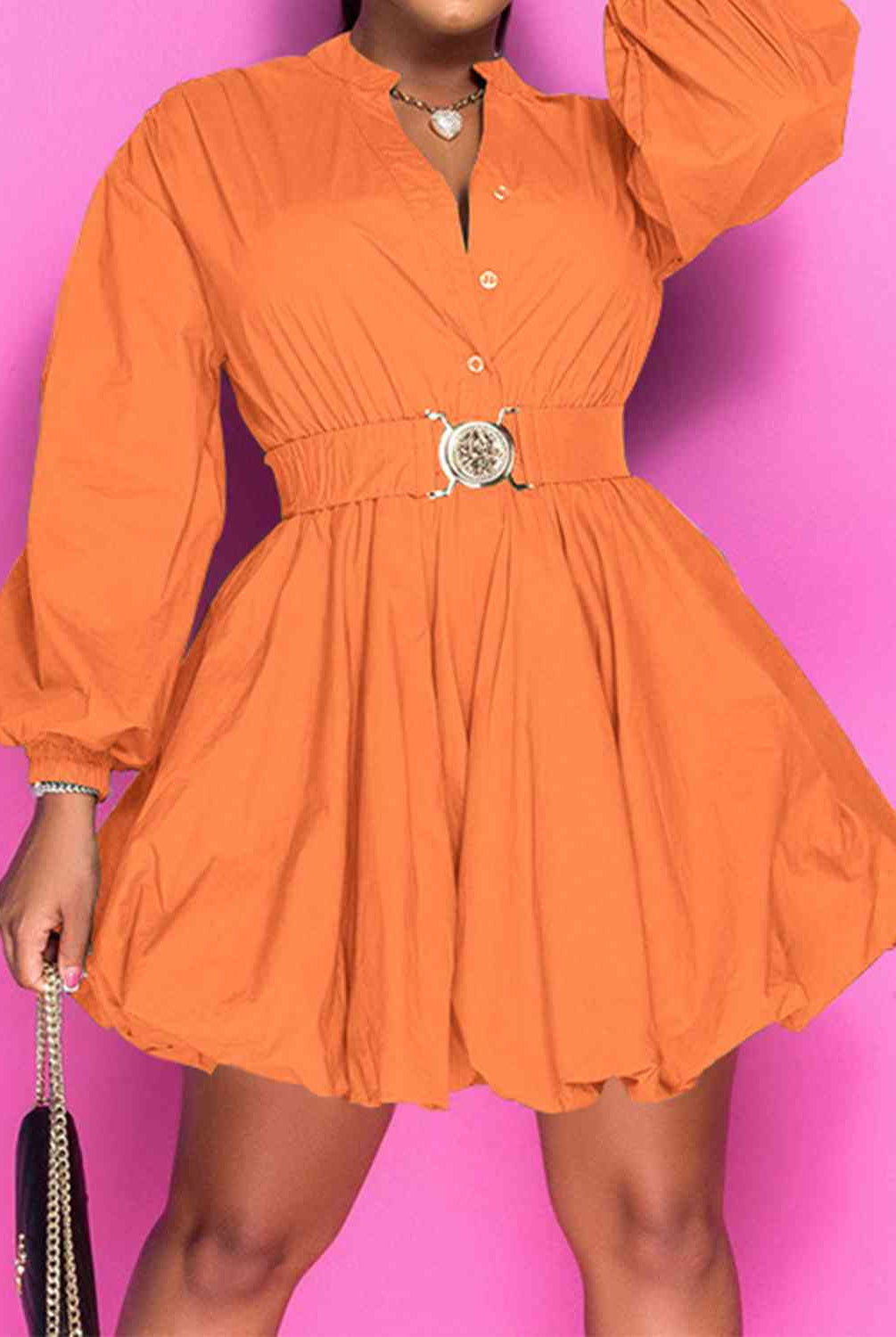 Coral Notched Button Up Balloon Sleeves Dress Plus Size Clothes