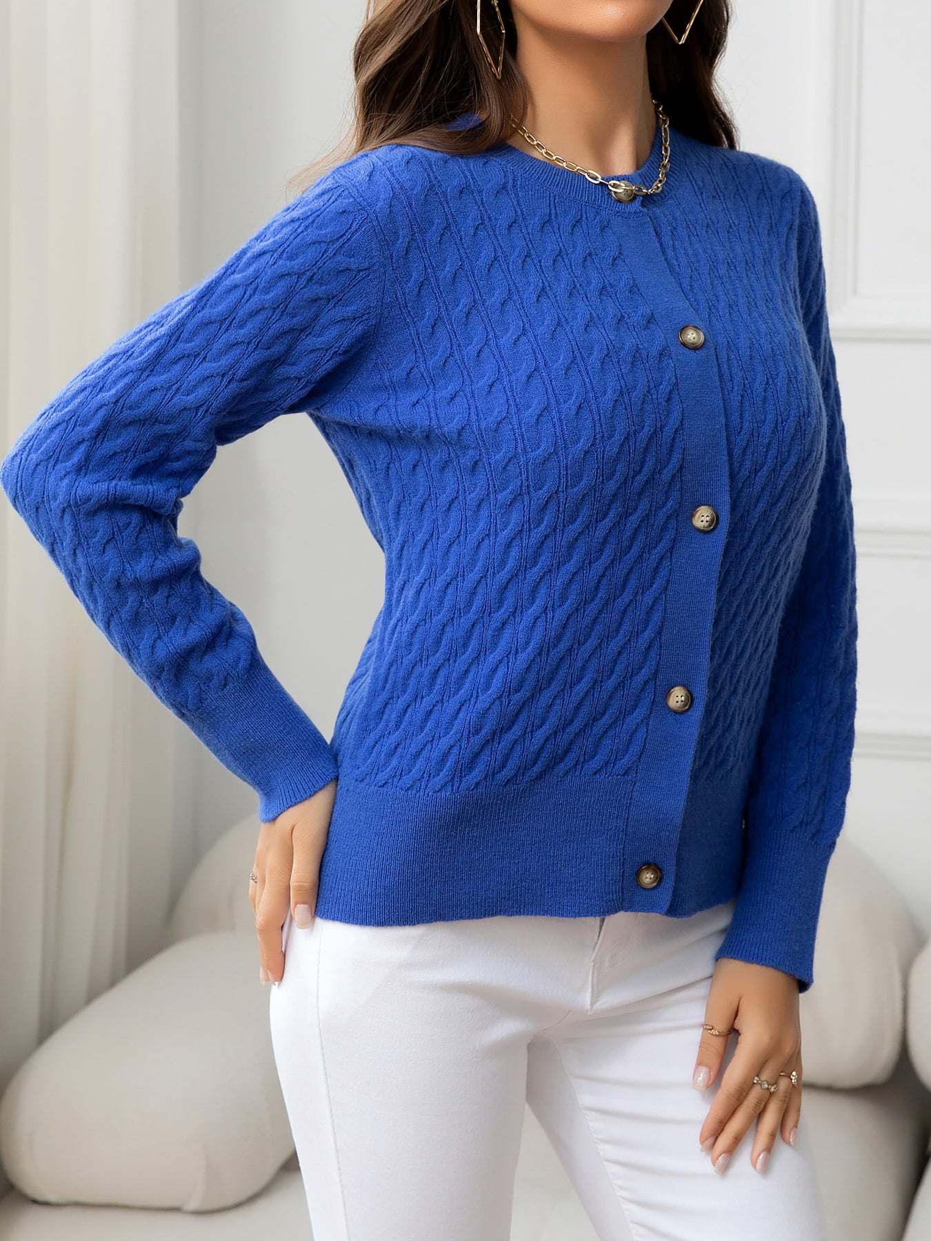 Midnight Blue Round Neck Cable-Knit Buttoned Knit Top Clothing