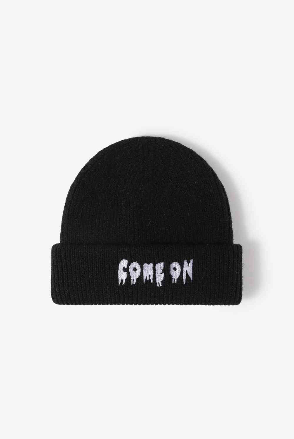 Black COME ON Embroidered Cuff Knit Beanie Winter Accessories