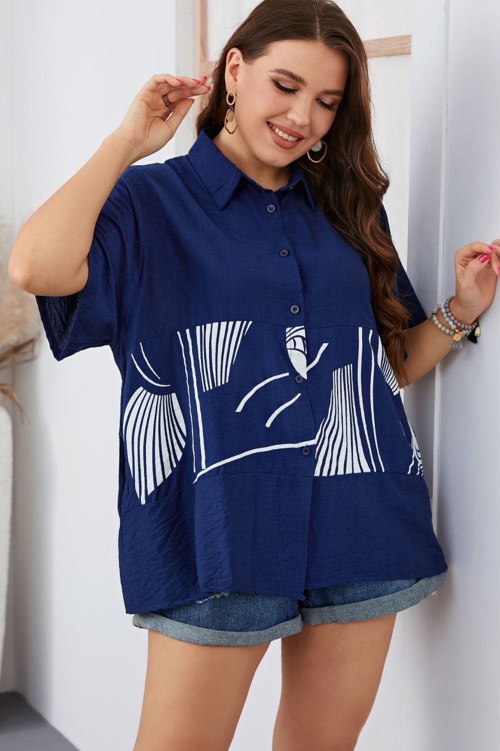 Midnight Blue Plus Size Printed Flutter Sleeve Shirt Tops