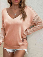 Tan Openwork V-Neck Sweater