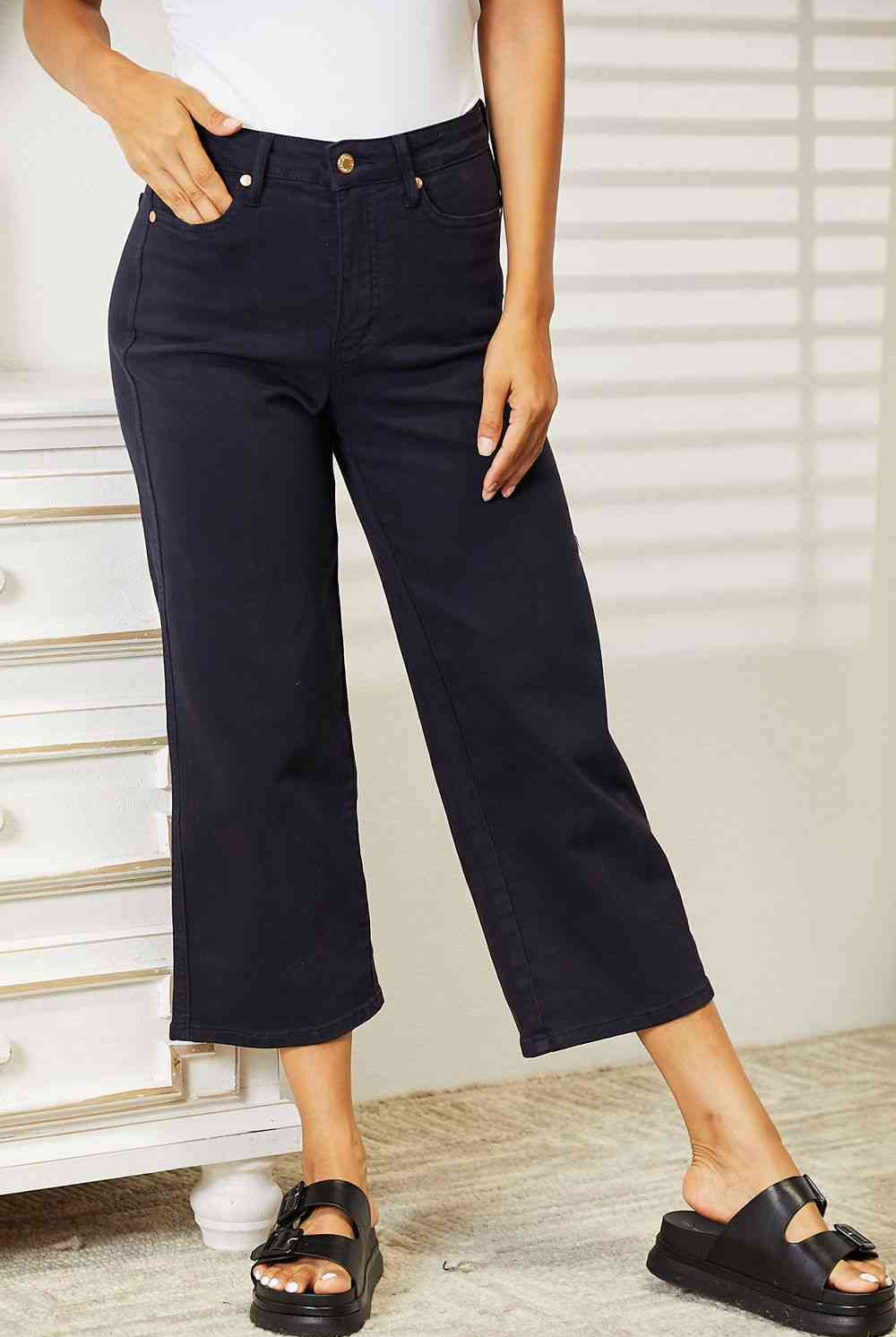 Dark Slate Gray Judy Blue Full Size High Waist Tummy Control Garment Dyed Wide Cropped Jeans Denim
