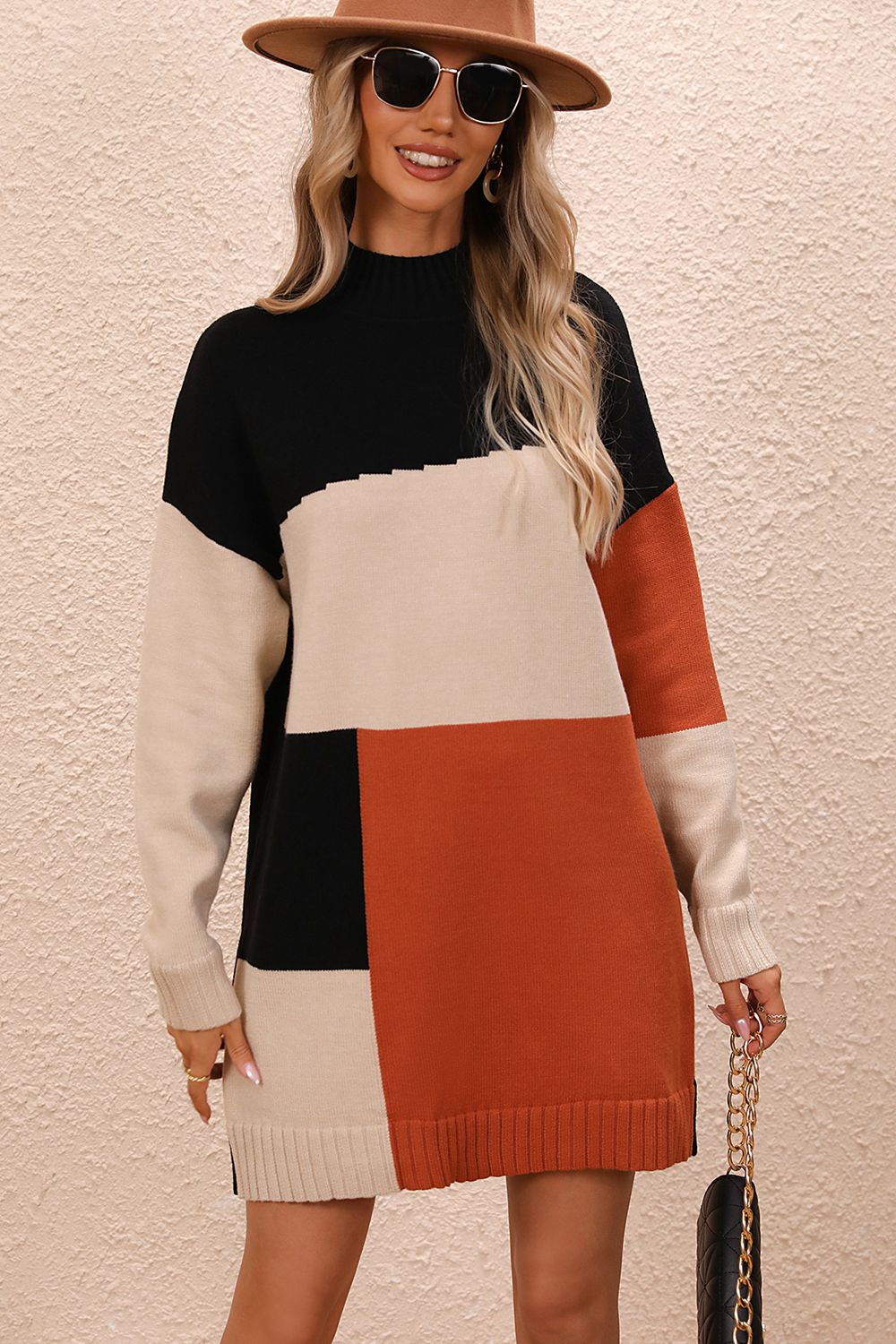 Gray Color Block Mock Neck Dropped Shoulder Sweater Dress Clothing