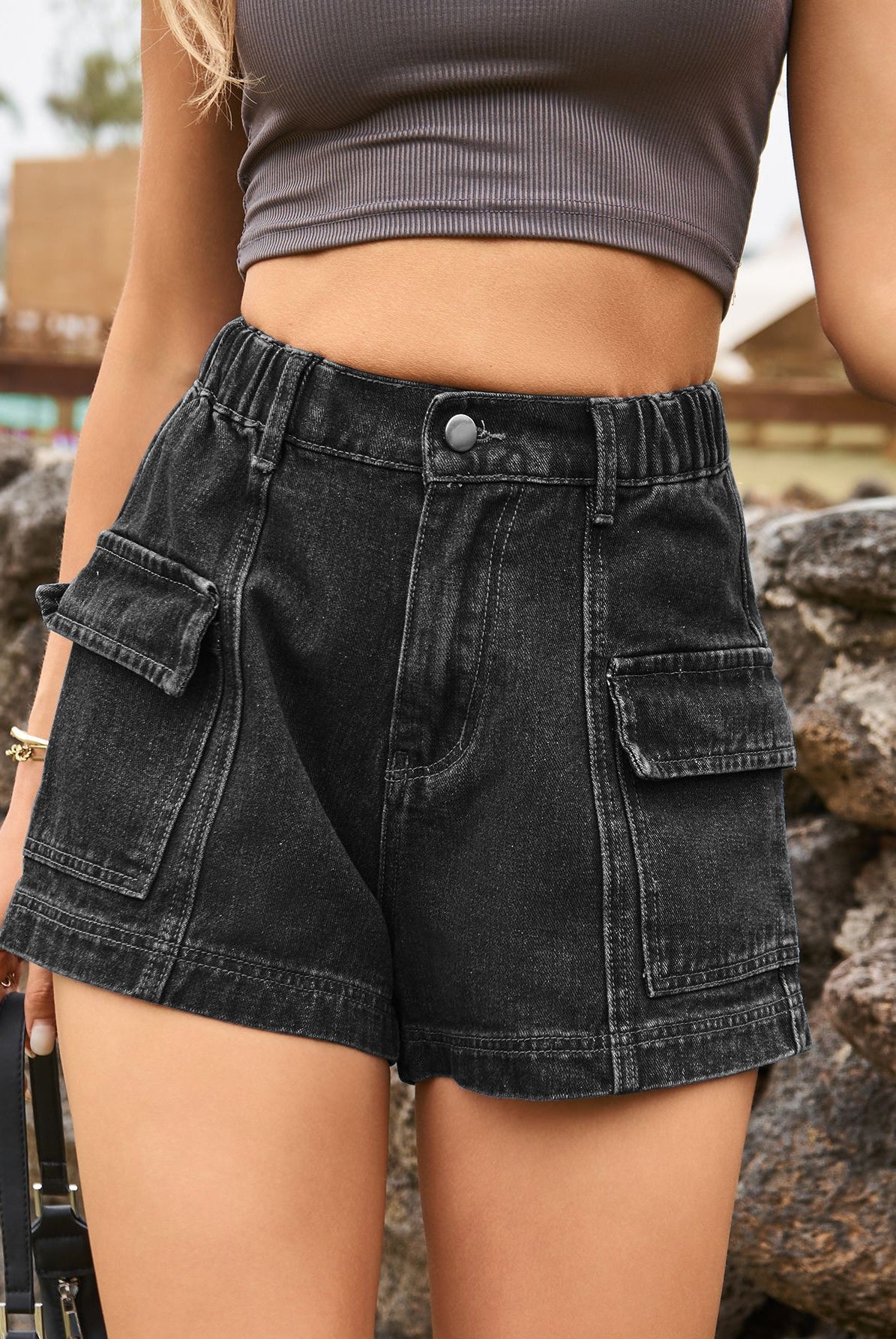 Dark Slate Gray High-Waist Denim Shorts with Pockets Denim