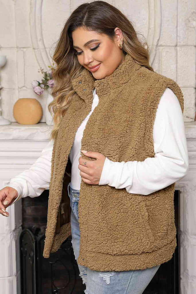 Gray Plus Size Collared Neck Open Front Sweater Vest Holiday